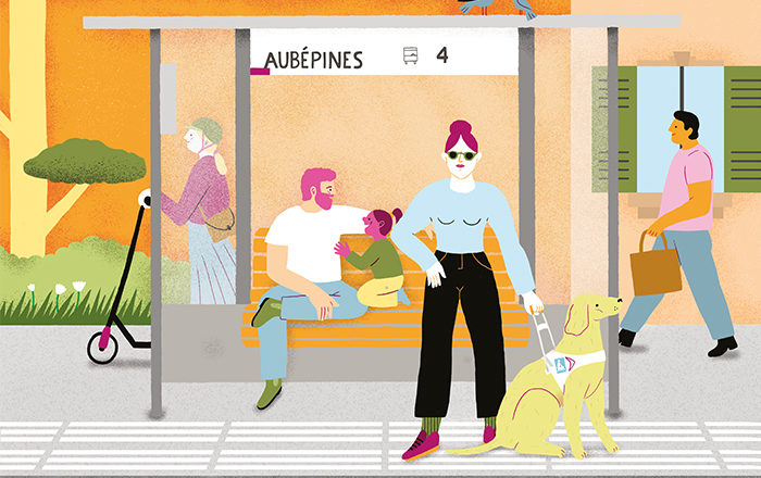Illustration aveugle avec un chien qui attend le bus dans une rue fréquentée