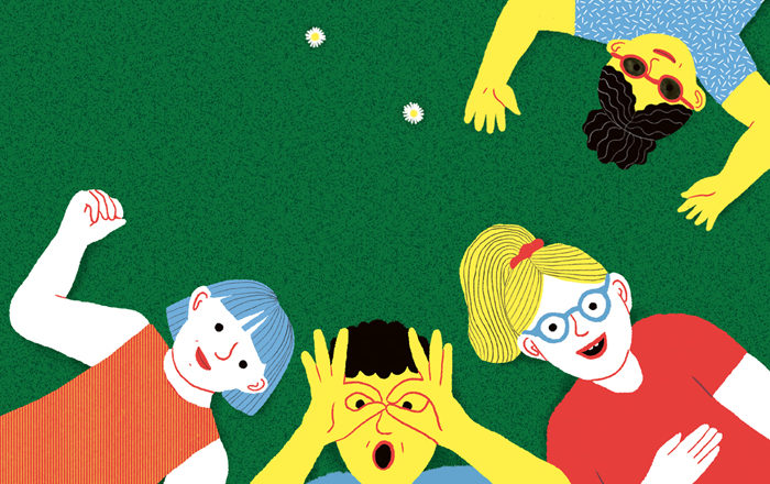 Illustration quatre enfants couchés dans l'herbe