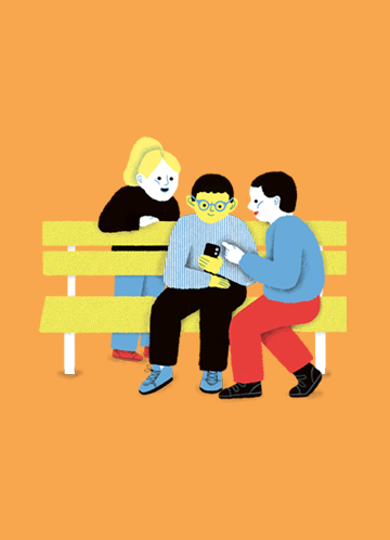 Illustration trois enfants sur un banc regardant le smartphone de celui du milieu