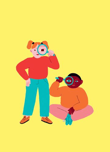 Illustration deux enfant avec une loupe devant un œil