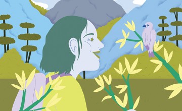 Illustration de couverture du Bienvu! no 4 de septembre avec une jeune fille en randonnée dans les montagnes