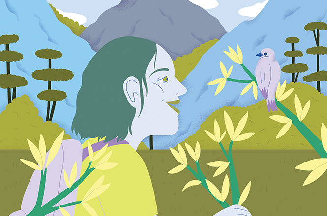Illustration de couverture du Bienvu! no 4 de septembre avec une jeune fille en randonnée dans les montagnes