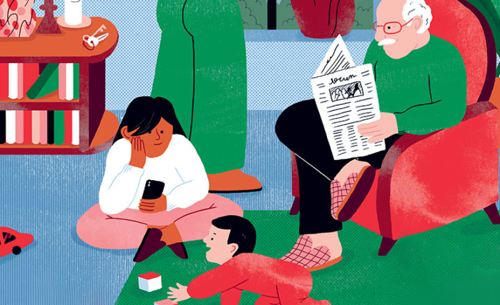 Illustration dans un salon, avec une famille de tout âge.