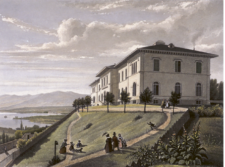 La Fondation Asile des aveugles vers 1845. Estampe aquarellée,
Frédéric Martens. Collection du Musée Historique de Lausanne,
Fonds Asile des aveugles.