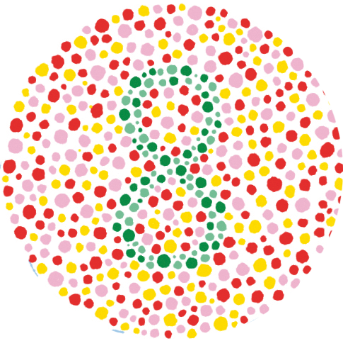 Exemple de test d’Ishihara. Le chiffre 8 n’est pas visible pour les personnes ayant un problème de la vision rouge-vert. 