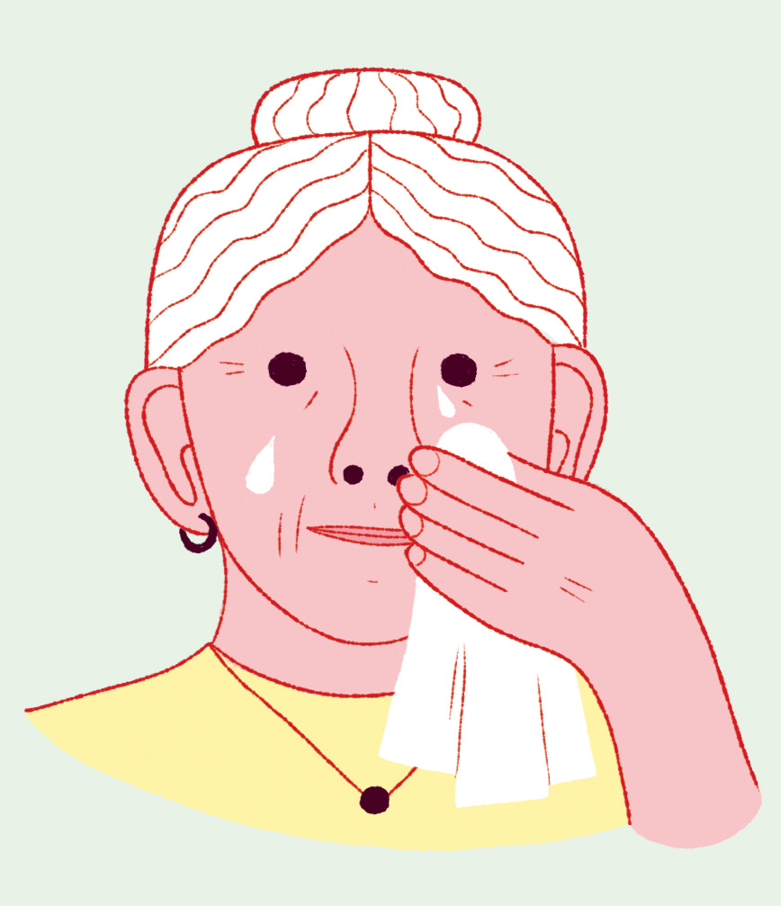Illustration grand mère pleure, larmes qui coulent