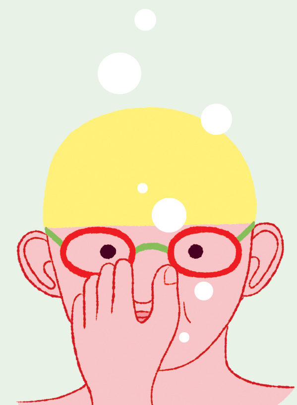 Illustration d'un homme avec des lunettes de plongée. Sous l'eau, la sensation est désagréable pour les yeux. 