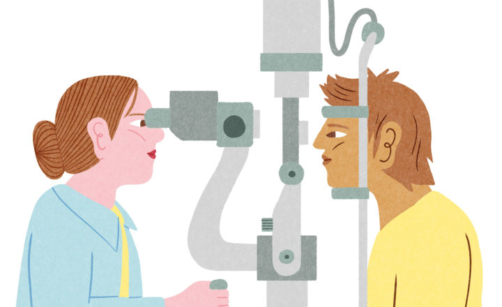 Illustration d'une médecin examinant un patient lors d'un dépistage des maladies visuelles liées au diabète