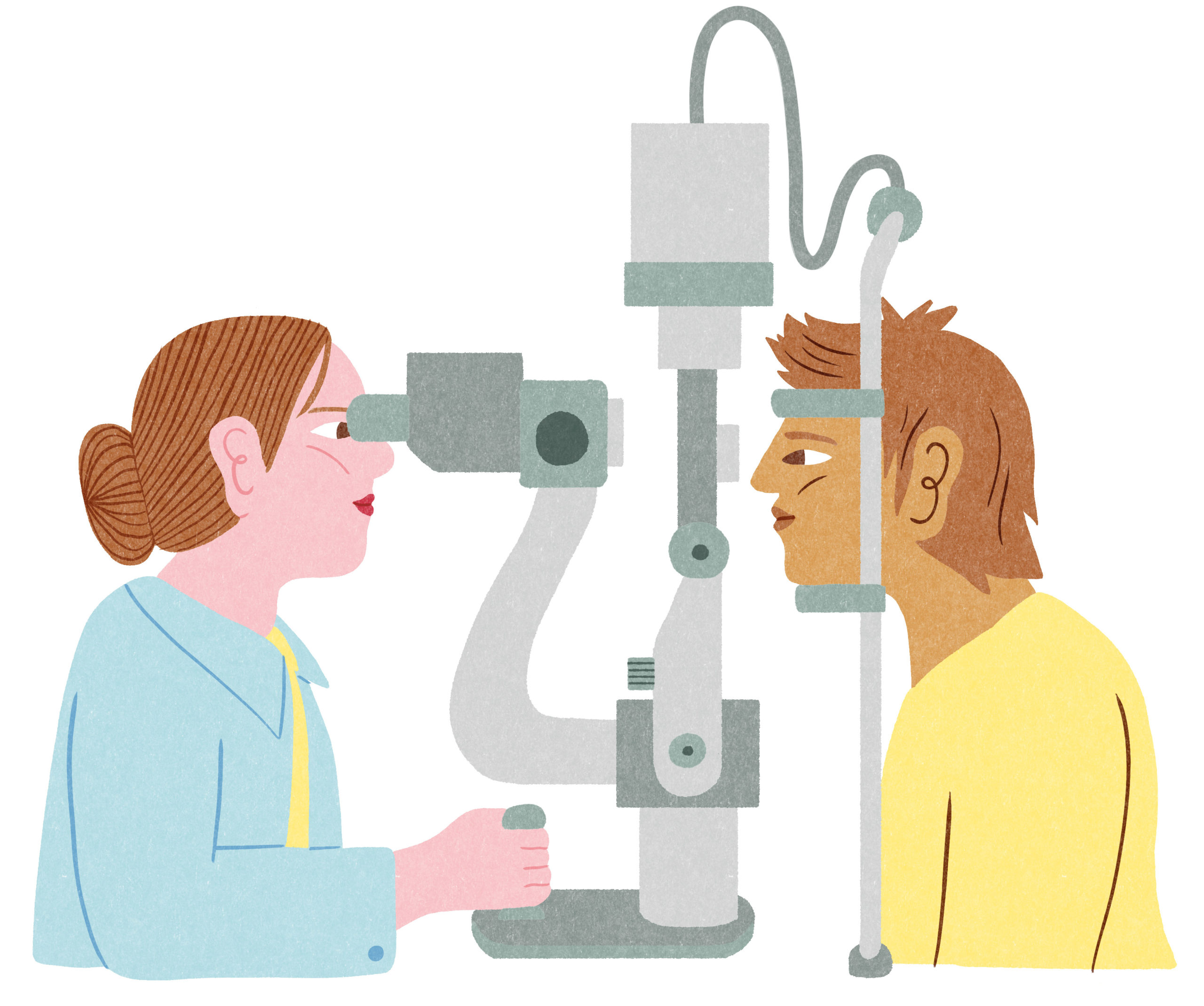 Illustration d'une médecin examinant un patient lors d'un dépistage des maladies visuelles liées au diabète