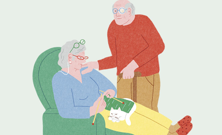 Illustration d'un couple de grands-parents portant des lunettes et un patch pour améliorer leur vision