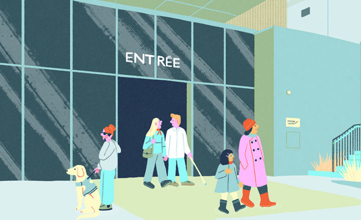 Image de l'entrée de l'Hôpital ophtalmique Jules-Gonin avec des patients