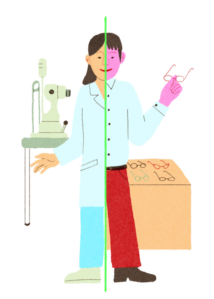 Illustration d'un ophtalmologue et d'un opticien