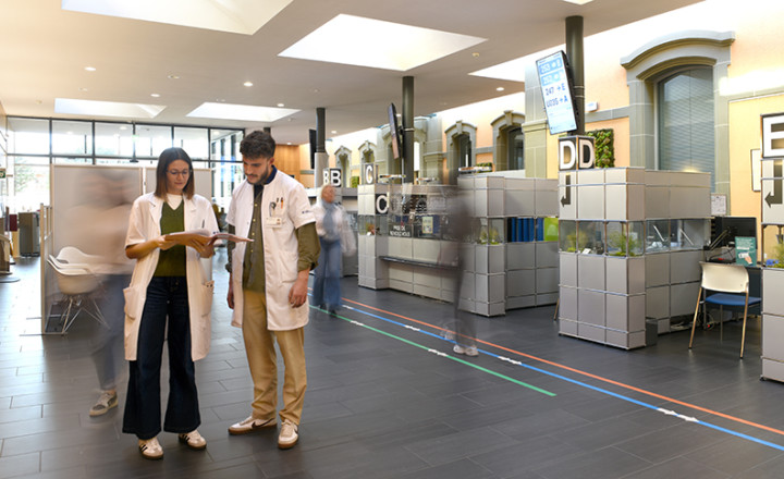 Une médecin et un collaborateur des admissions en train de discuter du dossier d'un patient dans la salle d'attente de la policlinique.