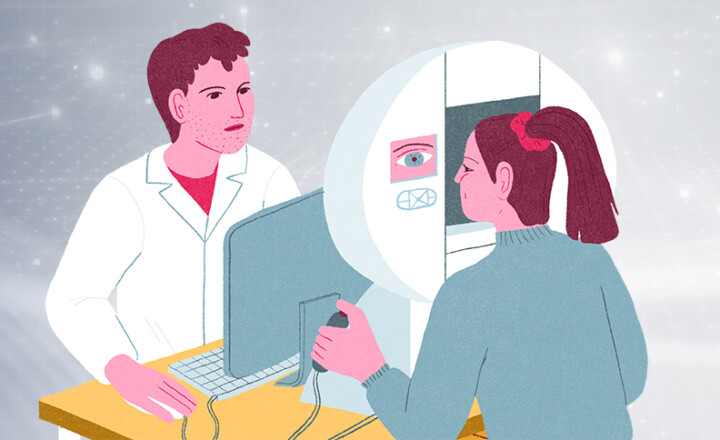 Illustration d'un médecin et d'une patiente en examen pendant un dépistage du glaucome.