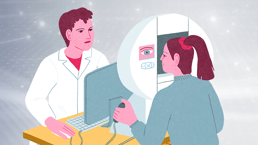 Illustration d'un médecin et d'une patiente en examen pendant un dépistage du glaucome.