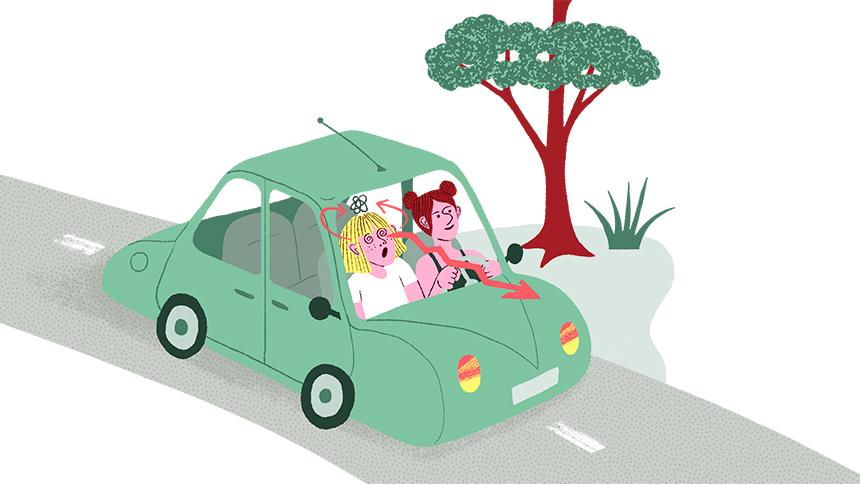 Illustration d'une personne en voiture qui a le mal des transports