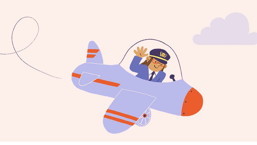 Illustration d'un pilote qui porte des lunettes dans un avion