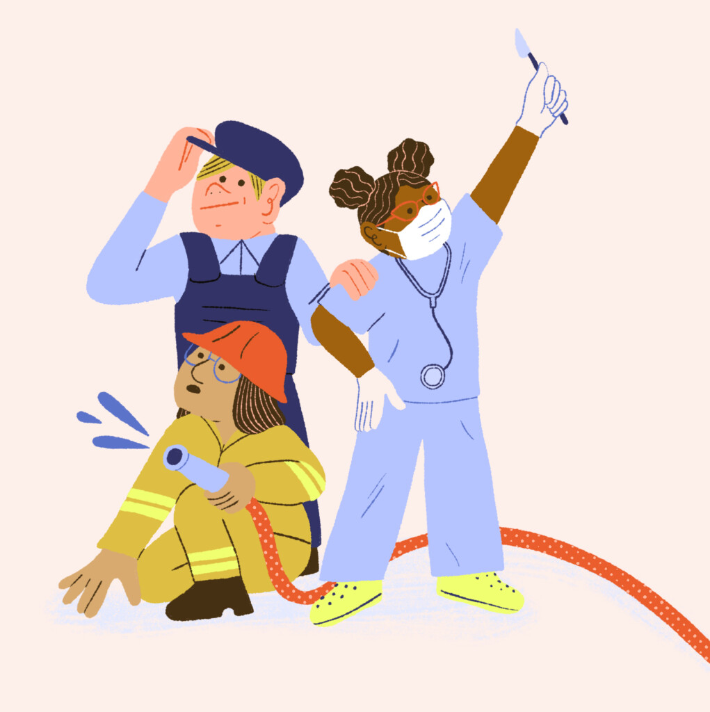 Illustration d'un pompier et d'une chirurgienne portant des lunettes. 