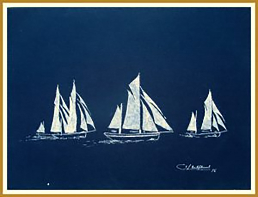 Les voiliers du peintre Charles-Emmanuel Schelfhout© voguent sur un fond neutre.